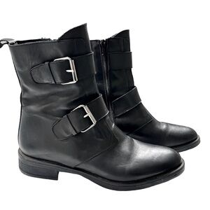 Emanuele Crasto Double Buckle Moto Boots Black Italian Leather Women 8.5/39